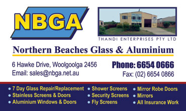 Northern Beaches Glass & Aluminium NBGA. Safety Doors, Flyscreens, Mirrors, Mirror Robe Doors, Shower Screens, Aluminium Windows & Doors. Thandi Enterprises Pty Ltd. Profile by Infotek3000