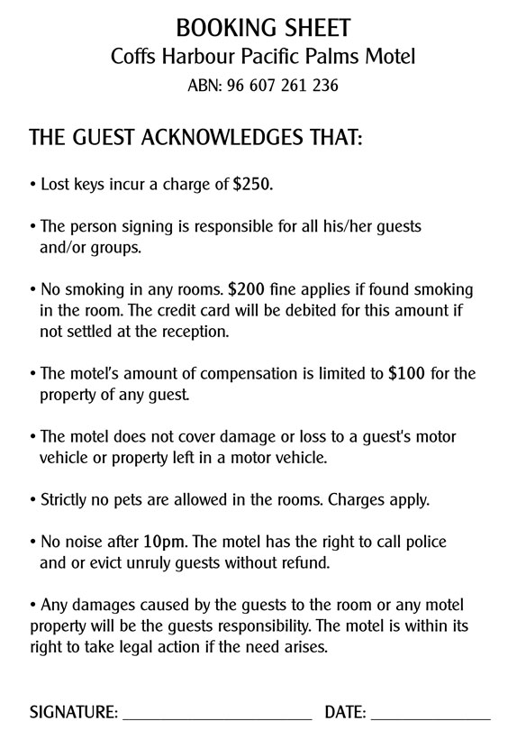 Coffs Harbour POacific Palms Motel - A5 Booking Sheet