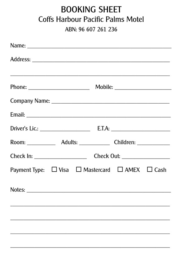 Coffs Harbour POacific Palms Motel - A5 Booking Sheet